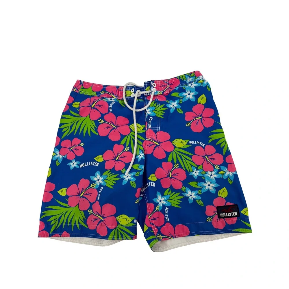 Hollister Board Shorts Men Large Blue Pink Hibiscus Floral Surf Beach Swim Trunk